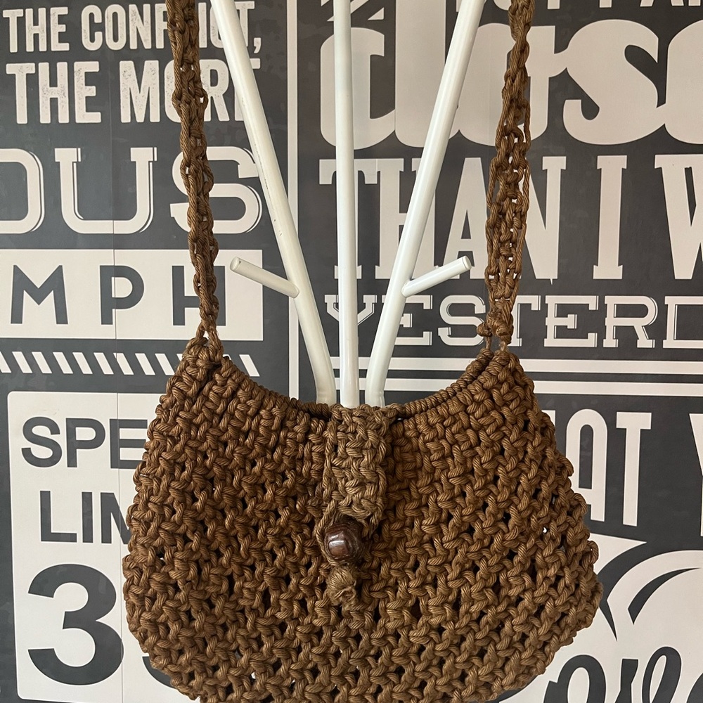 Macrame Jute Boho Brown Woven Bag with Wood Button Closure Hippie